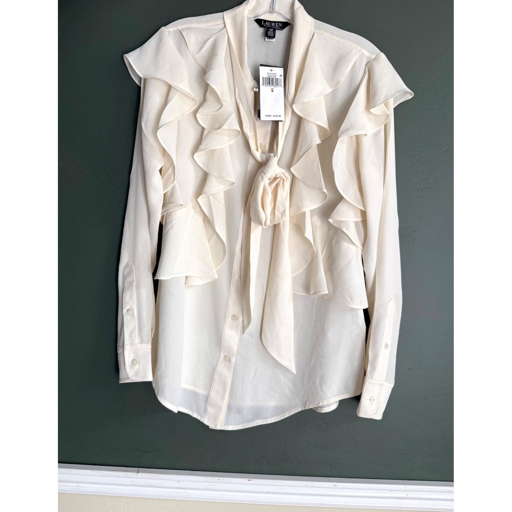 Lauren Ralph Lauren Blouse Women S Cream NWT Ruffle Tie Neck Georgette Top